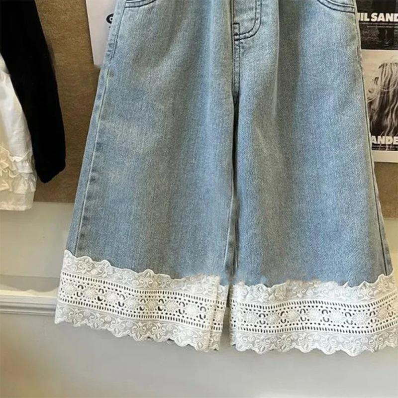 Summer  Blue Jeans Simple Kids Clothes Girls Korean Edition Fashion Lace Decoration Casual Pants