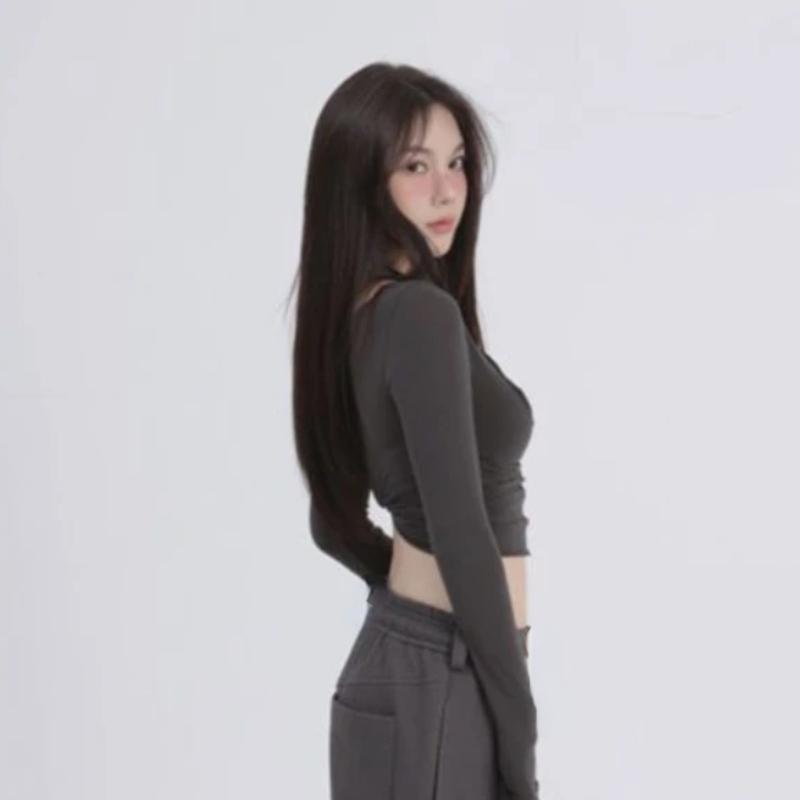 Two Pieces Set Y2k Aesthetic Harajuku T-shirts Halter Long Sleeve Tee Shirts Femme All Match Spaghetti Stap Patchwork Top Women