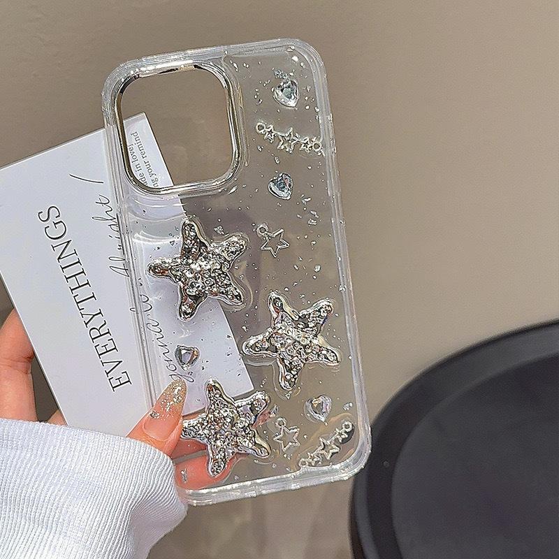 Rhinestone Love Electroplated Five-pointed Star Mobile Phone Case for IPhone17Promax Letters for Apple 16 Silver Foil Transparent