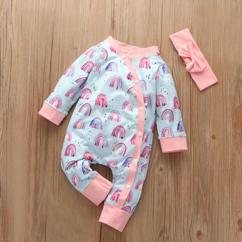 

Baywell Baby Girls Rainbow Print Комбинезон Одежда Новорожденный Длинный рукав Круглый воротник Хлопок Цельный комбинезон + Оголовье