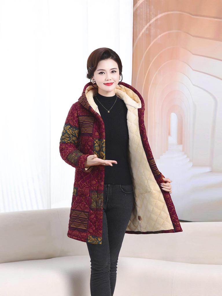 Mid-Aged & Elderly Women's Hooded Fleece-Lined Winter Coat, Warm Mid-Length Jacket, Fashionable New Style.