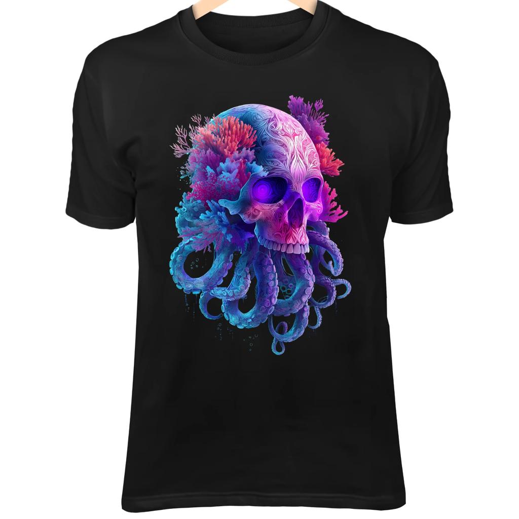 Colorful Skull Octopus Shirt - Coral Tentacles and Purple Glow Eyes
