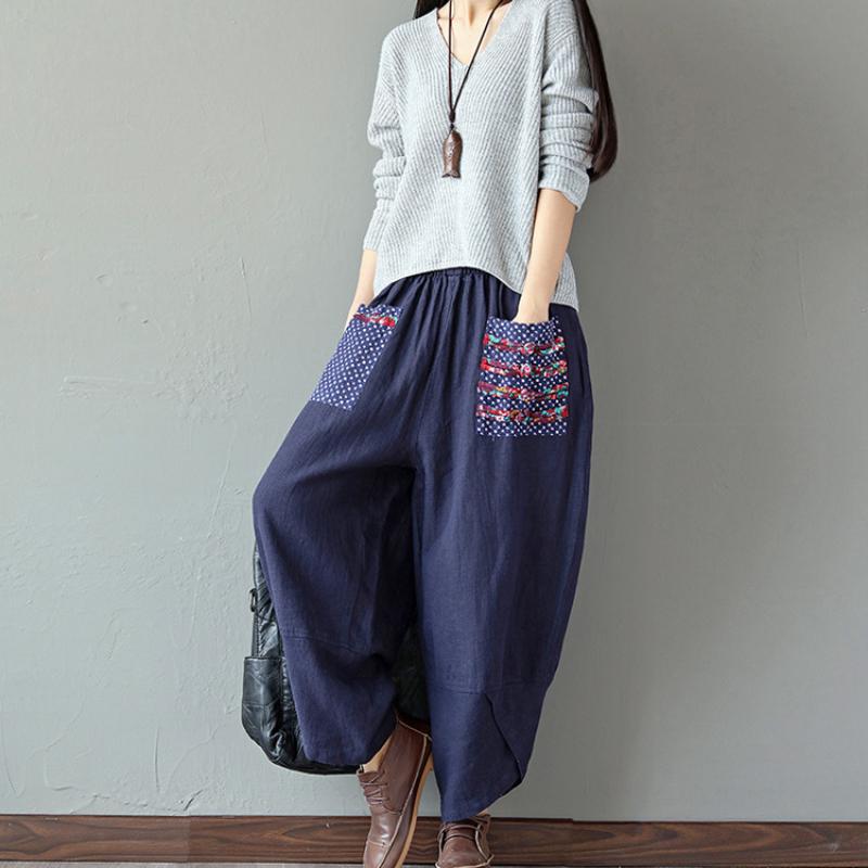 Spring Ethnic Style Patchwork Cotton Hemp Wide Leg Pants Loose Pants for Ladies