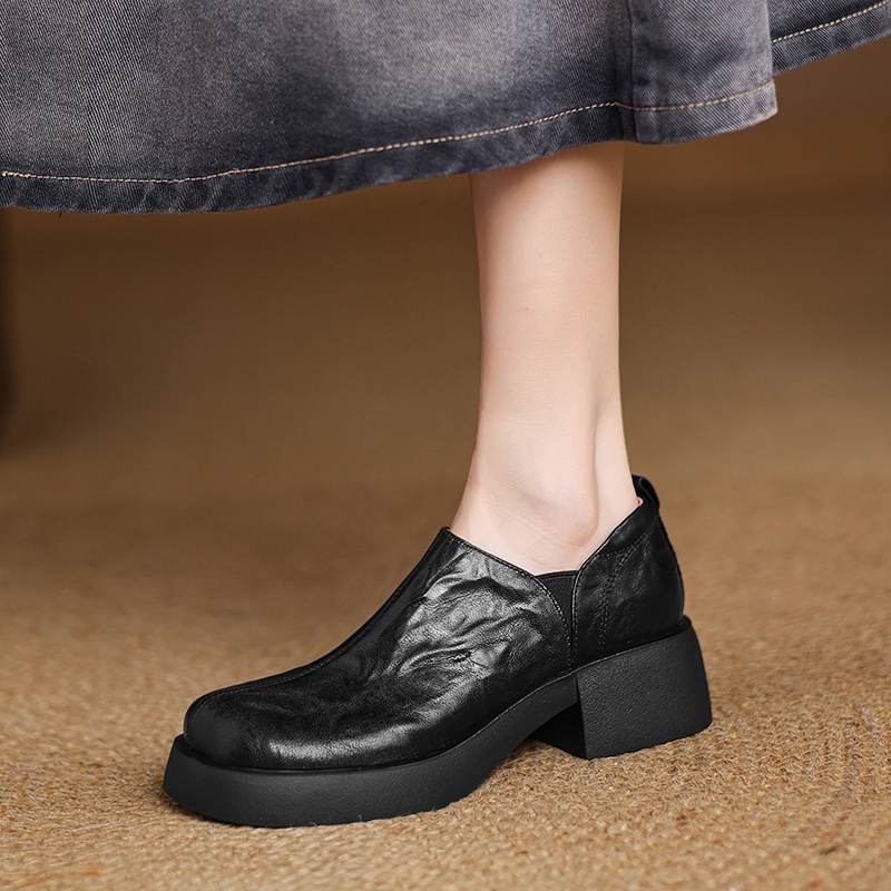 Krazing Pot Sheep Skin Autumn Winter Shoes Chunky Heels Size 43 Size 42 Round Toe Slip On Deep Mouth Pumps