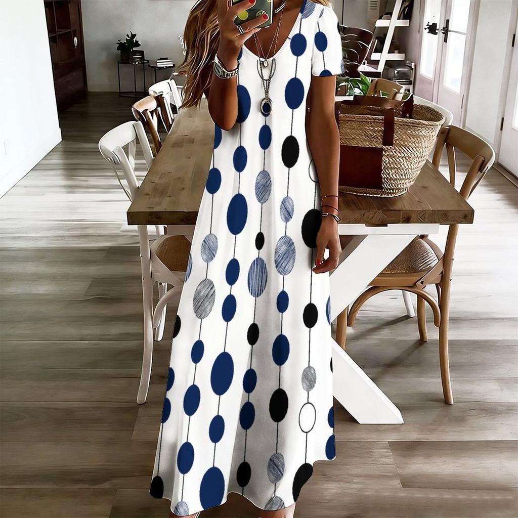 Women Plus Size V Neck Short Sleeve Geometric Printed Casual Long Dress