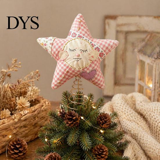 Plush Star Decor Christmas Tree Topper, Patchwork Stuffed Xmas Retro Pastoral Ornament for Winter Holiday Party Home Handmade Cloth Topper
