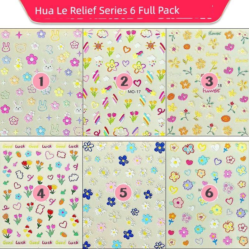 

Internet Celebrity Three-Dimensional Relief Dopamine Nail Sticker Kids Girl Nail Sticker Nail Cartoon Graffiti Child Fun Decals Flower series [6 full set]]