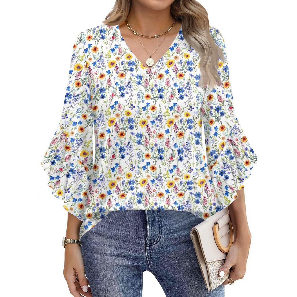 Blouses For Women Dressy Casual 3/4 Length Sleeve Womens Tops V Neck Tshirts Shirts With Flared Sleeve