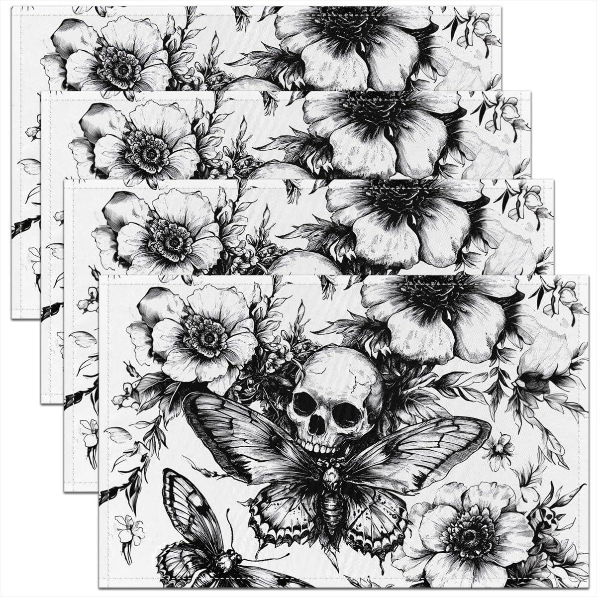4/6/8pc Gothic Witchy Magic Bookshelf Placemats Linen Celestial Crescent Moon Table Mats Washable Halloween Dining Decor 4pcs