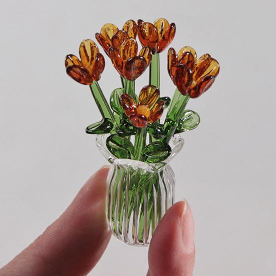 Glasblumenstrauß mit Vase Handgeblasene Mini-Blumendekoration Haus Wohnzimmer Handgefertigter Simulations-Blumenschmuck mit Stiel