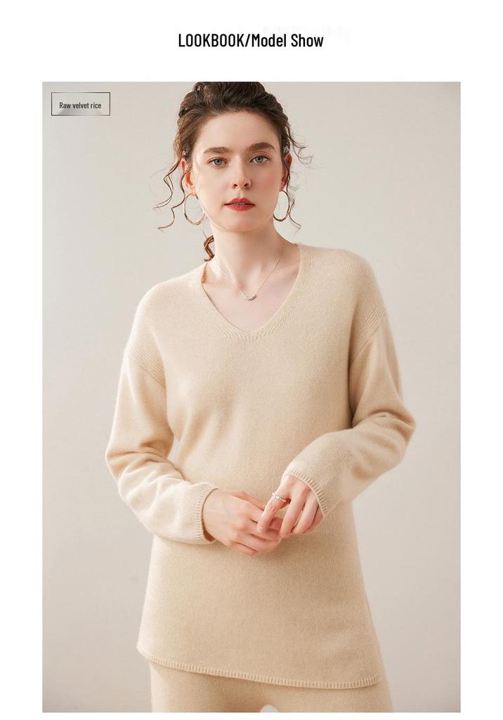 Women's Cashmere V-Neck Mid-Length Slit Sweater, Solid Color, Autumn/Winter Loose Fit
