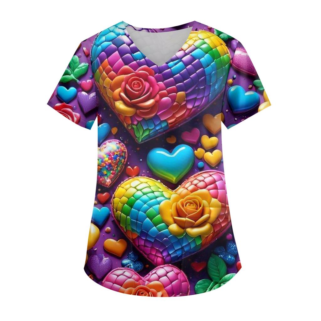 Damen Valentinstag Bedruckt Modisch V-Ausschnitt Tasche Kurzärmelig Uniform Und Pflegeroberteil