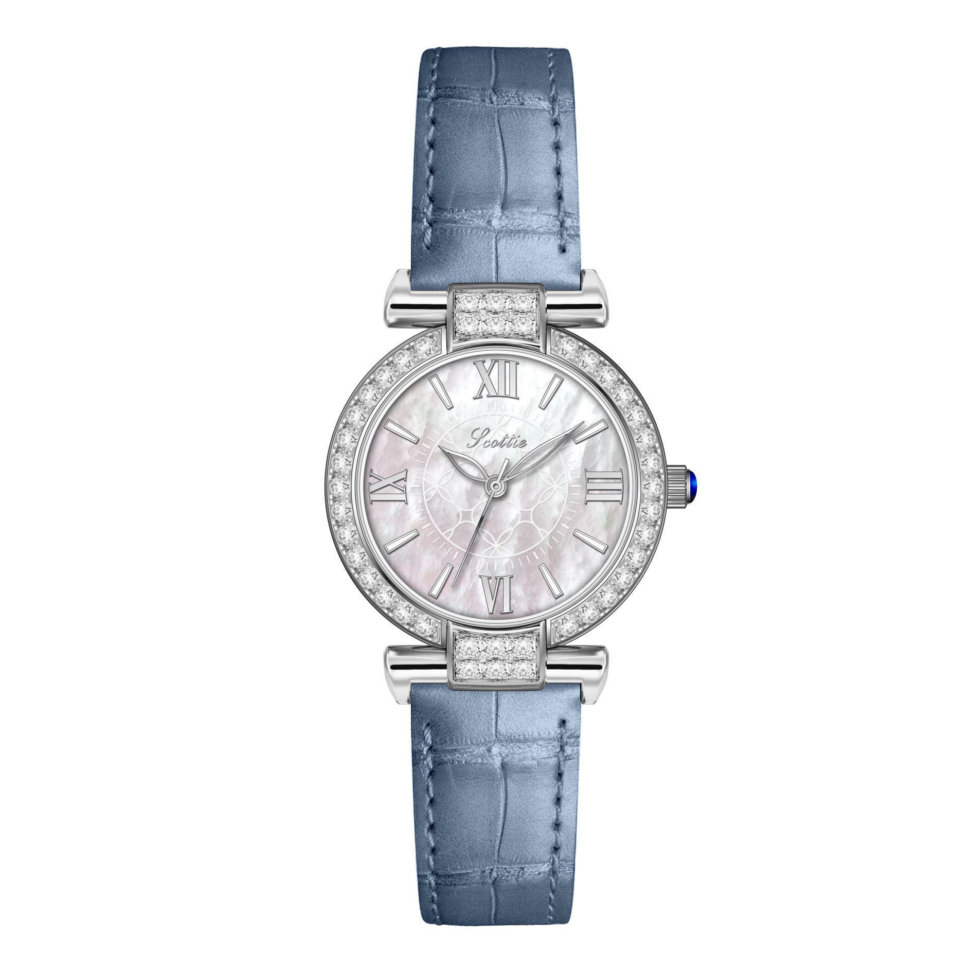 

Scottie Женские 9611C Универсальные часы с кожаным ремешком, перламутровым циферблатом, инкрустированные бриллиантами, стиль TikTok