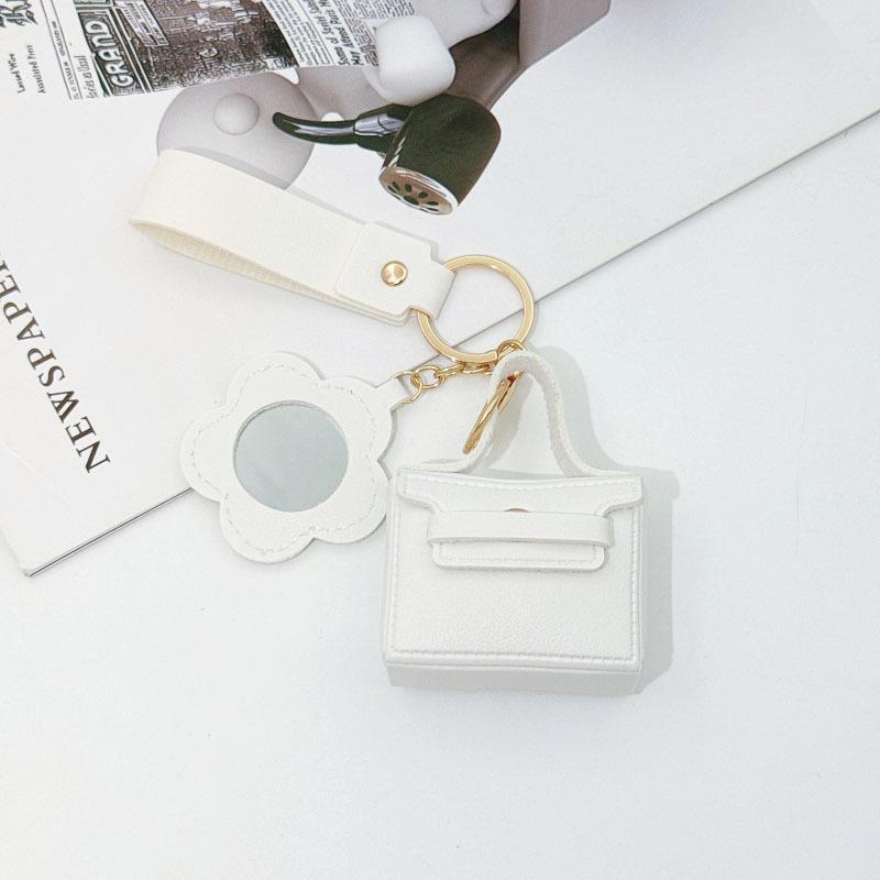 Mini PU Leather Keychain Bag with Flower Mirror Wrist Strap Trendy Bag Charm Perfect Christmas Gift for Female Friends