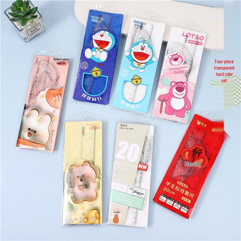 Student Ruler Set: 20cm Straight, Triangle, Protractor, Soft/Hard Plastic