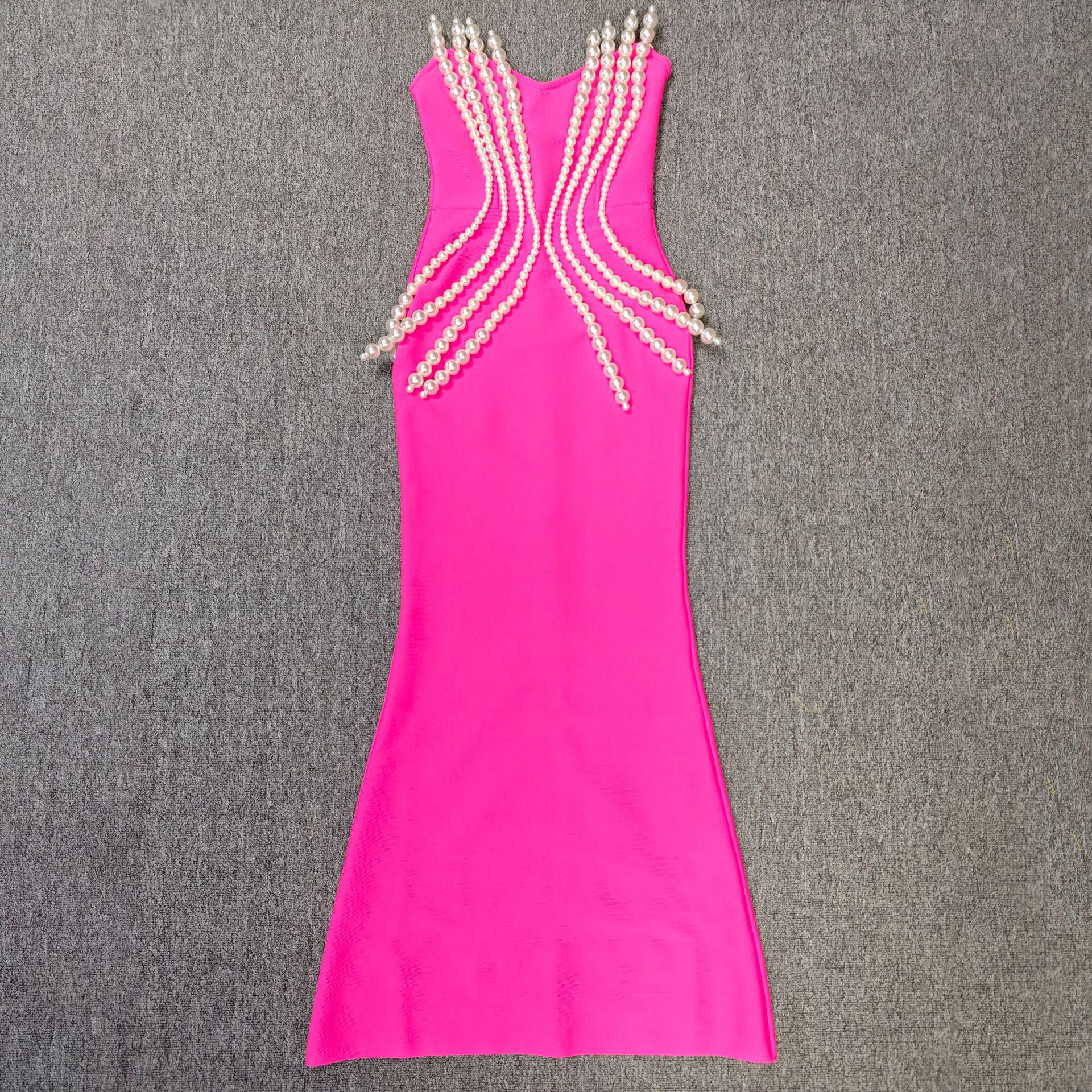 

Європейська та американська сукня-бандаж без бретелей з перлами – Сексуальна облягаюча вечірня сукня для світської левиці Small темно-рожевого кольору