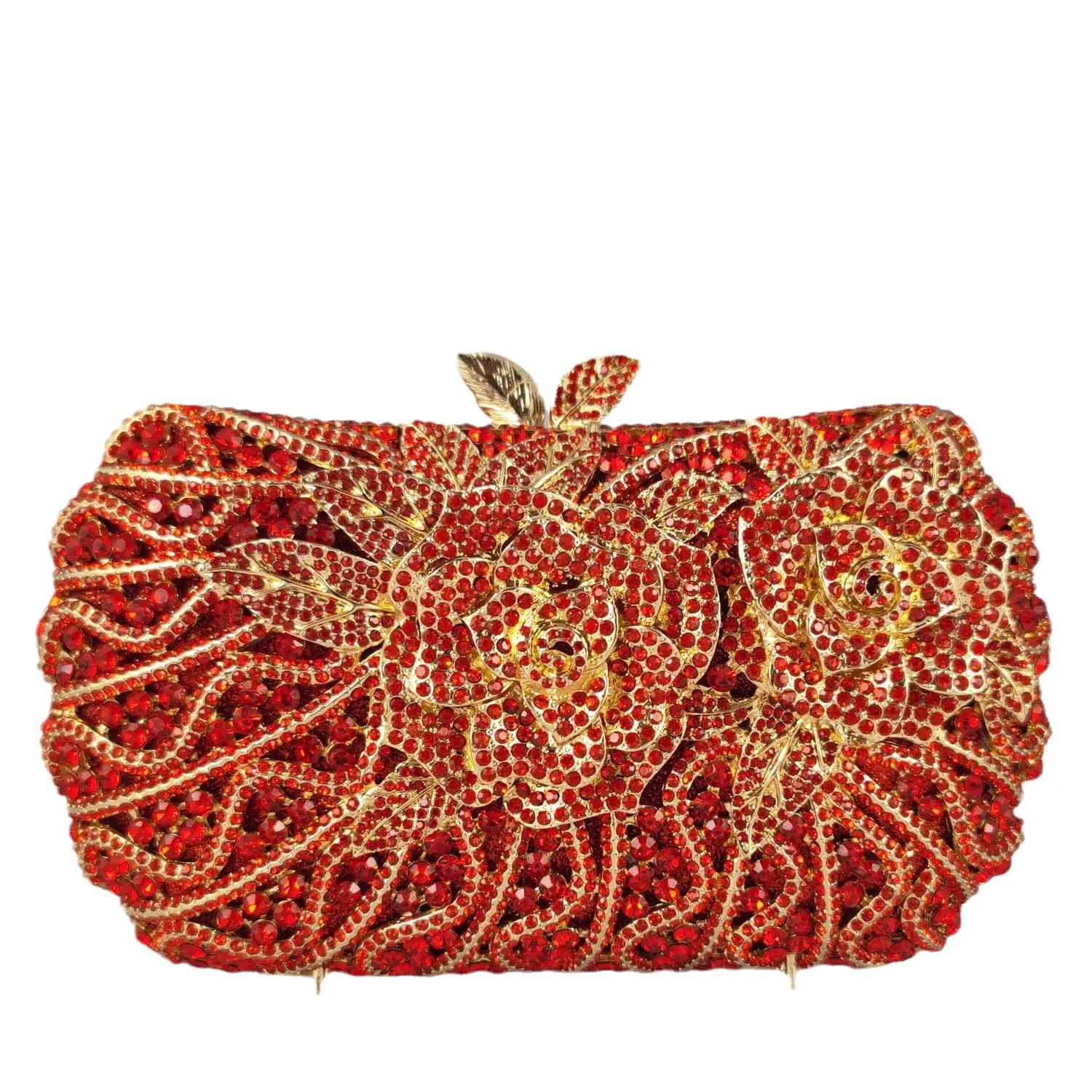 

Boutique De FGG Women Gold Evening Bags and Clutches Bridal Flower Rhinestone Handbags Party Cocktail Dinner Minaudiere Purse Mini and Heavy
