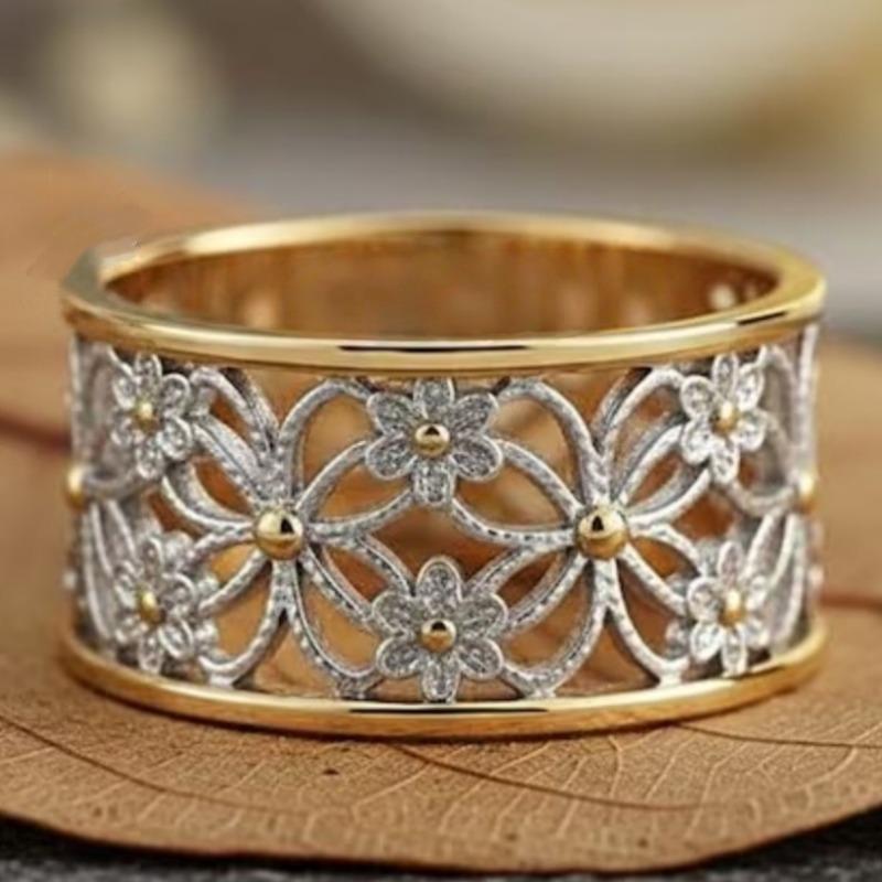 Vintage Ręcznie Rzeźbiony Kwiat Pierścionek Damski Dwukolorowy Metal Geometria Codzienne Noszenie Biżuteria Imprezowa Rocznicowy Prezent