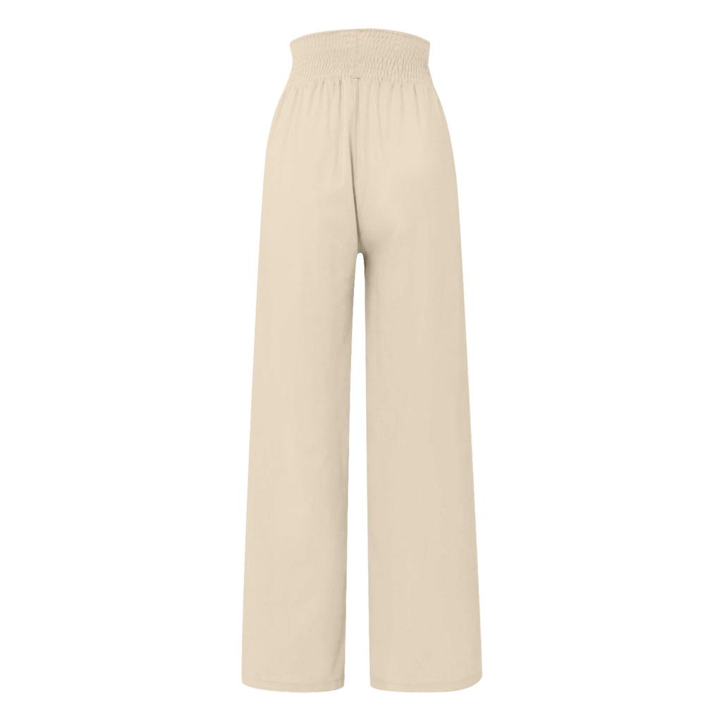 Women's Solid High Waist Loose Long Wide Leg Pants Button Trim Elasticated Casual Pants