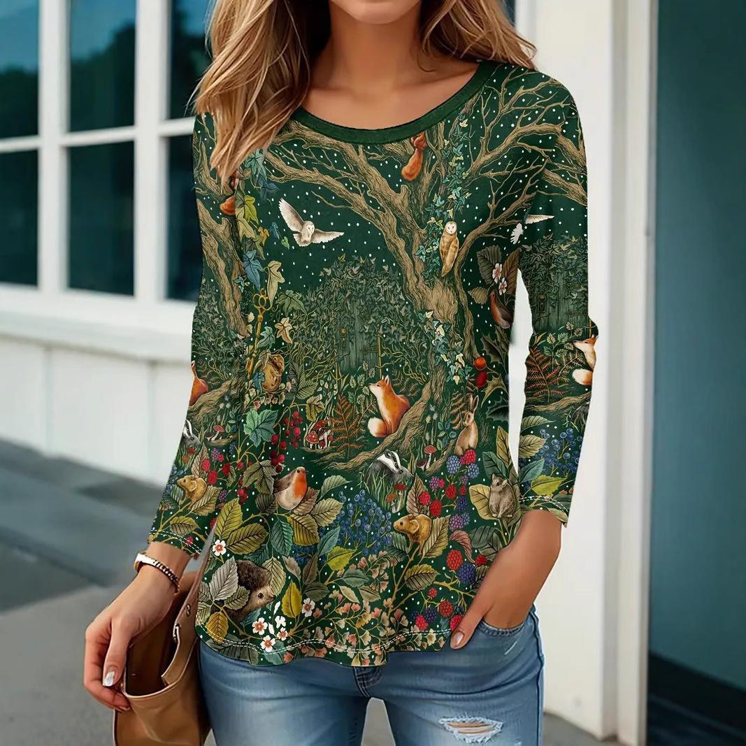 

Simple Loose and Comfortable Casual Round Neck Top with Animal Pattern Long Sleeved Women s T-shirts S