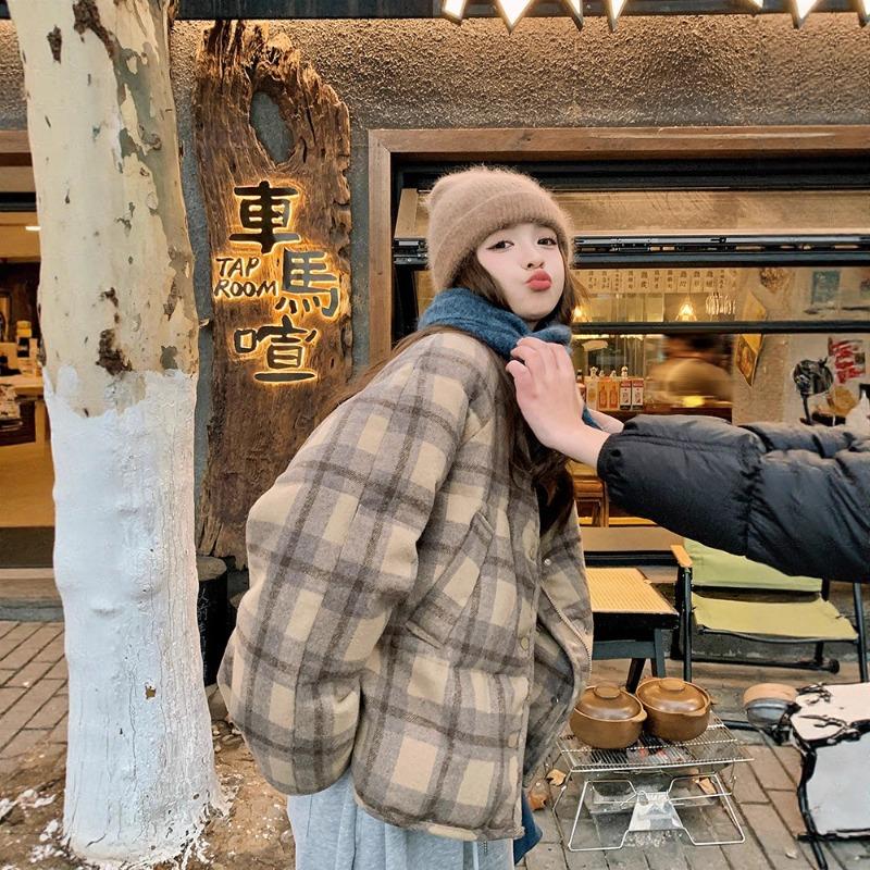 Plaid short down cotton clothes women's winter new plaid cloth loose and thin thickened cotton coat
