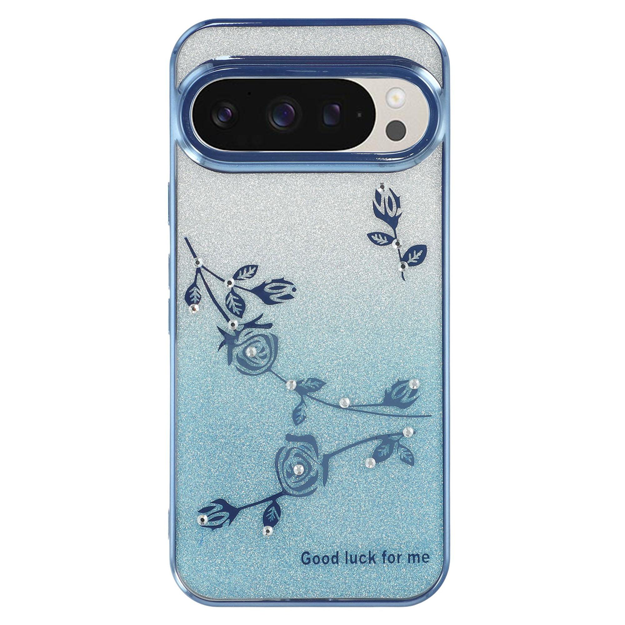 

KADEM For Google Pixel 9 Pro Case TPU Cover Rhinestone Flower Phone Protector Gradient Color Design Blue