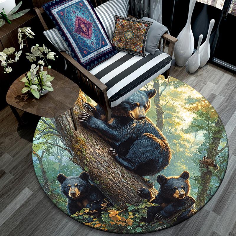 Black Bear Round Area Rug,Carpet Rug for Living Room Bedroom Sofa Playroom Decor,Non-slip Floor Mat