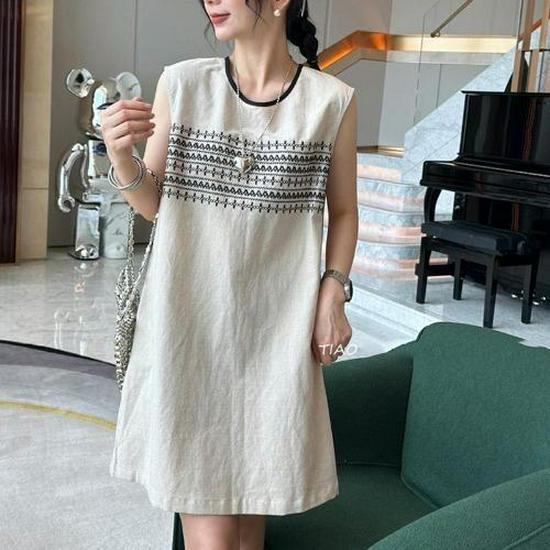 Women s Retro Embroidered Cotton Linen Sleeveless Vest Dress - Casual Summer Fashion M (90-110 lbs) слоновая кость