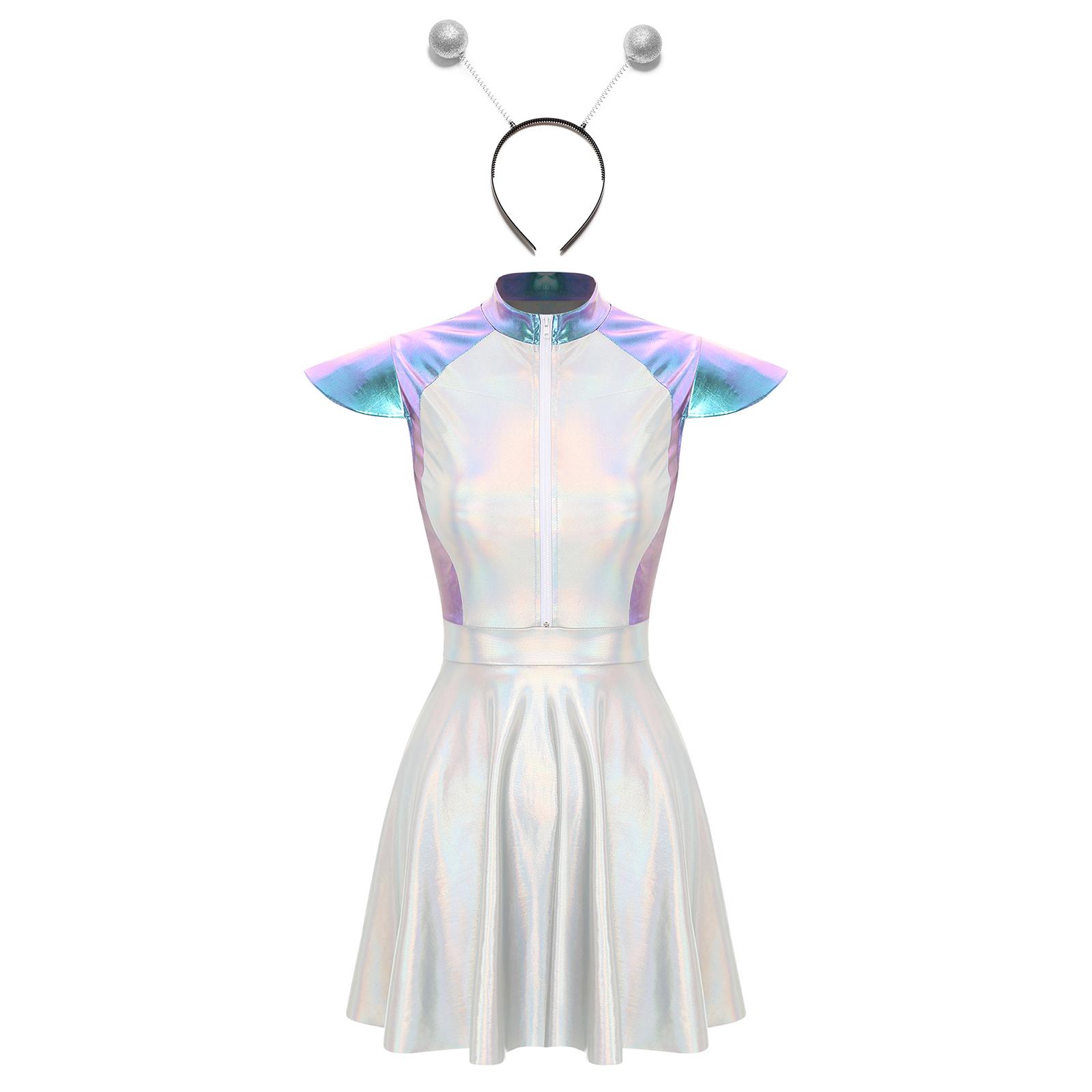 

S-4XL Женский костюм для косплея на Хэллоуин инопланетянки - Милашка из космоса Платье с блестками и рукавами-фонариками с инопланетным ободком для волос Костюм для вечеринки S синий