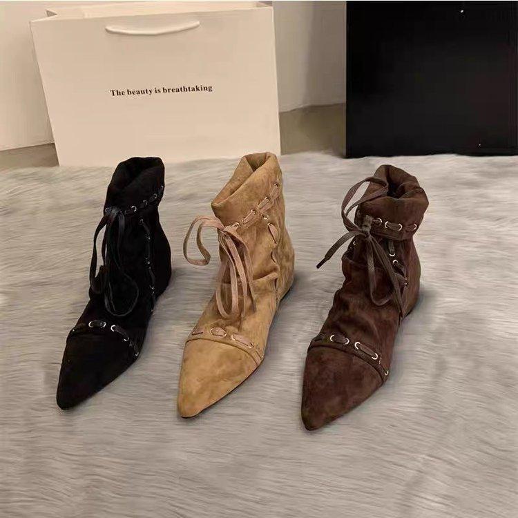 Folded pointed short boots women's flat bottom straps 2025 summer and autumn new retro niche Maillard western cowboy boots