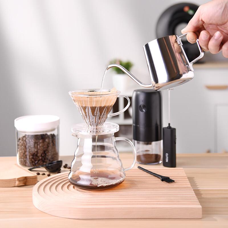 CLITON Electric Coffee Grinder, Hand-Crank Coffee Bean Grinder, Pour-Over Coffee Maker with Filter Cup And Pour-Over Kettle Set