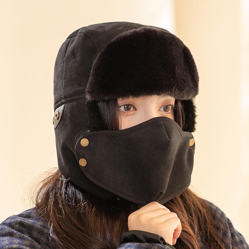 Unisex Winter Balaclava Hat with Ear Warmers, Polyester Fiber Knit Fabric, Hand Washable, Windproof and Breathable with Adjustable Valve - Black