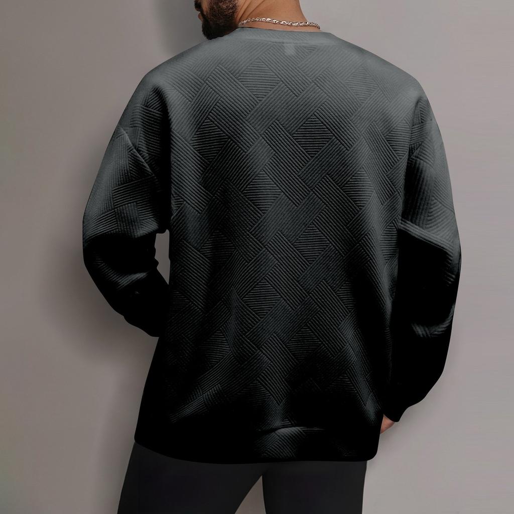 Men's Winter Solid Color Striped Casual Tops Long Sleeve Round Neck Sweatshirt