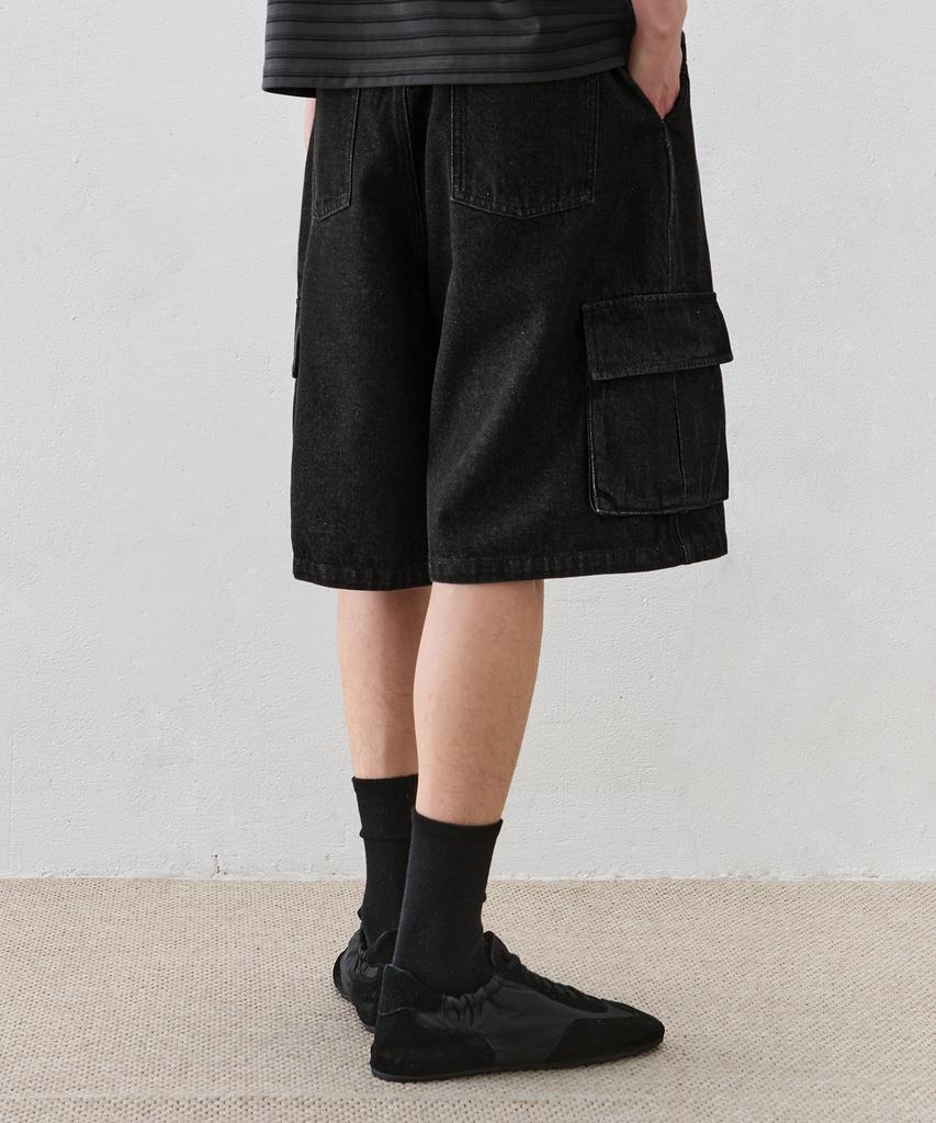 DRAW FIT Curved Line Cargo Denim Half Pants [Black]