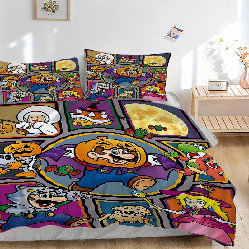 3pcs Halloween Costume Fun Mario & Friends Bedding Set - Includes Quilt Cover and Pillowcases, Suitable for All Seasons, Machine Washable -