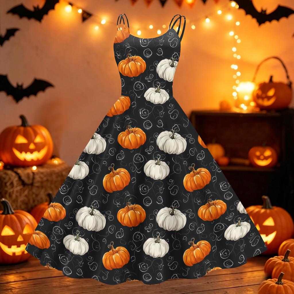 Women's Halloween Pumpkin Print Off Shoulder Dress Vintage Punk Style Flared Skirt Sleeveless Spaghetti Strap Dress