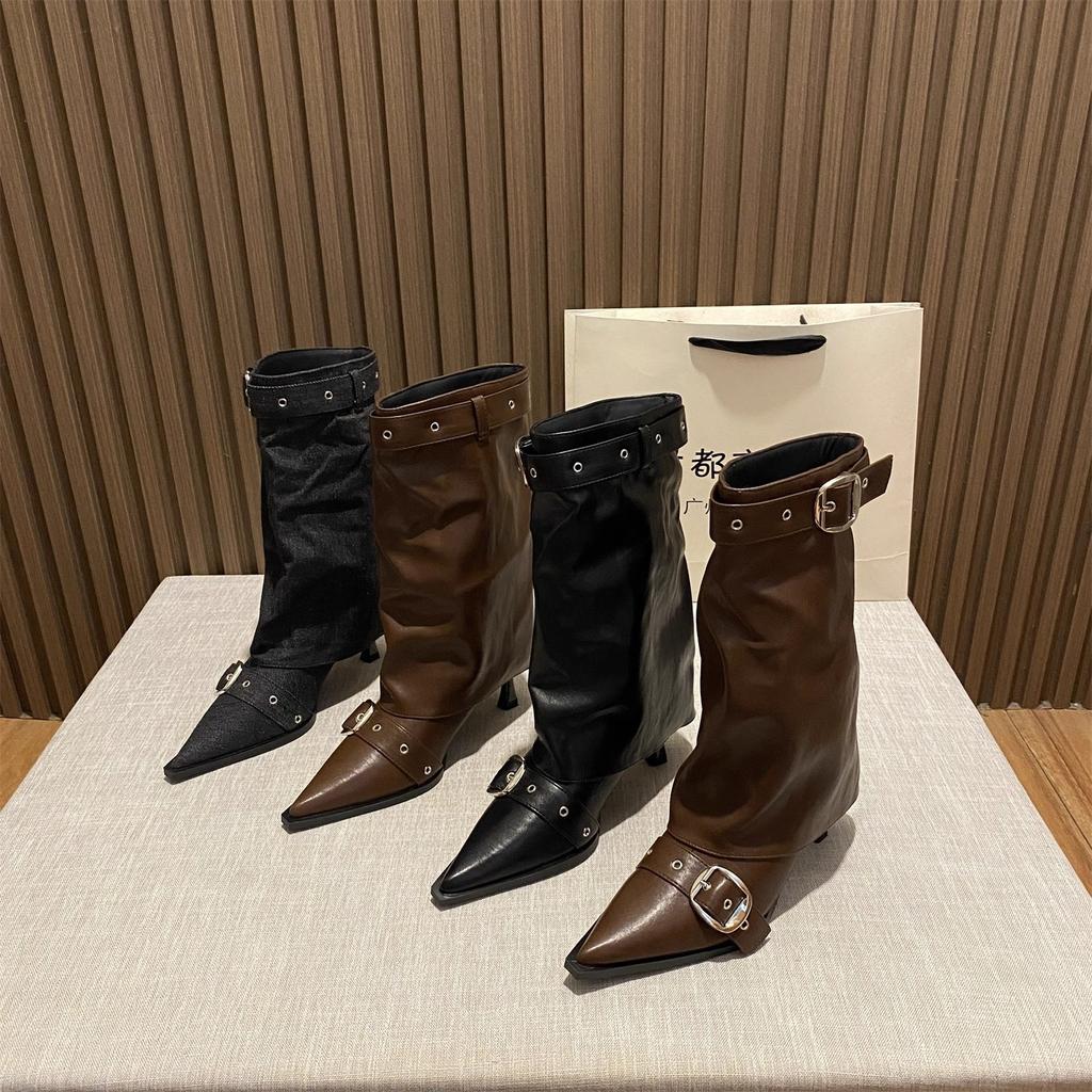 French Retro Pointed Belt Buckle Thin Heel Medium Boots Women's 2025 Autumn and Winter New Temperament Versatile High Heel Trouser Boots