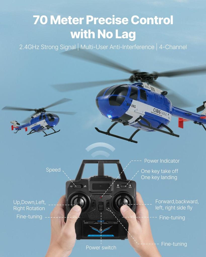RC-Hubschrauber, 2,4 GHz 4-Propeller Fernsteuerungs-Hubschrauber mit 6-Achsen-Gyroskop, 4-Kanal RC-Flugzeug für Anfänger, LED-Licht & Ein-Tasten-Start/Landung,