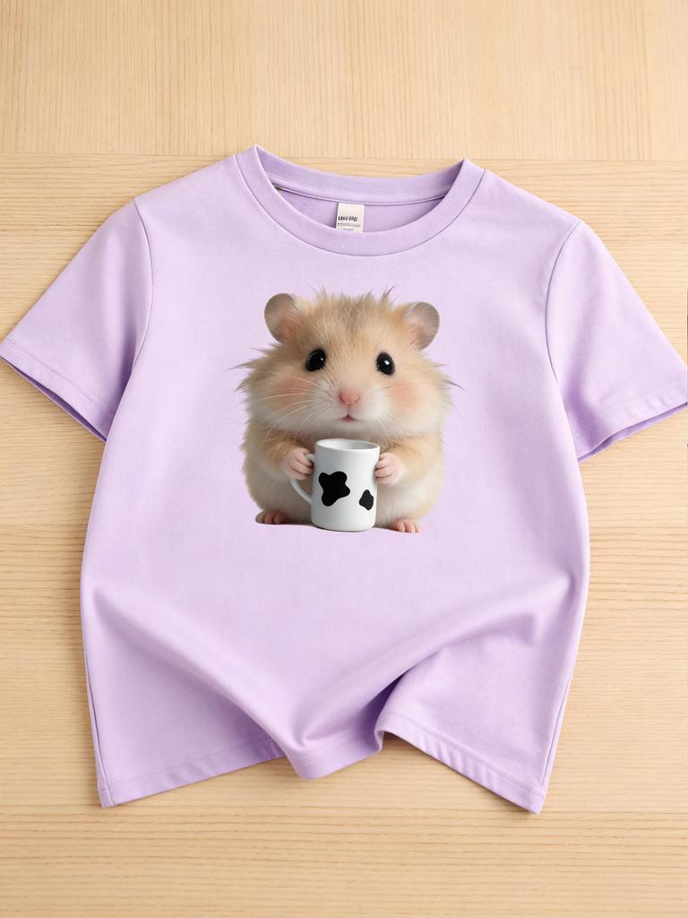 2026 Summer Girls Round Neck Tshirt Casual Pure Cotton Top with Hamster Print Cute and Unique Short Sleeves Girl Clothes