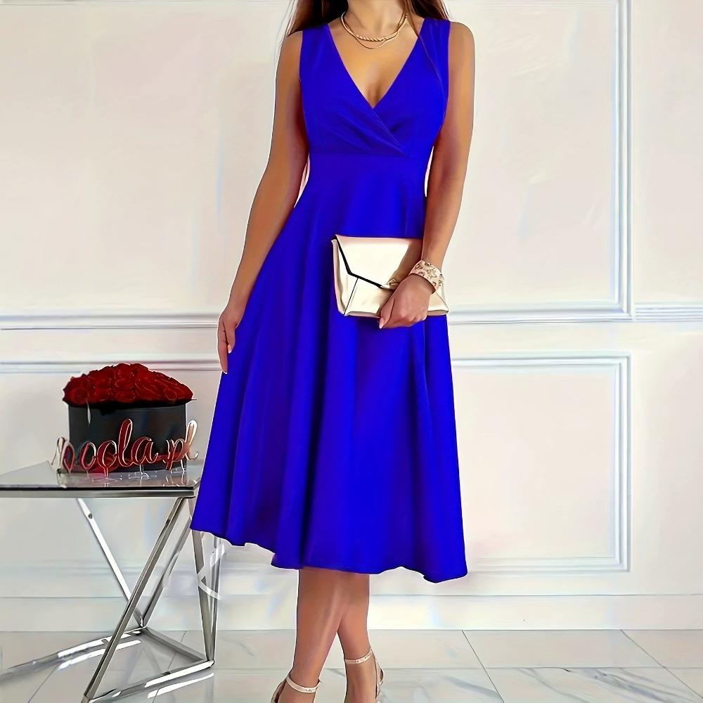 Women's Sleeveless V Neck Midi Dress High Waist A Line Solid Color Evening Party Swing Dress