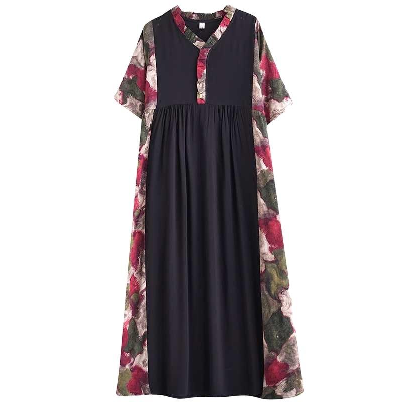 Summer New Literary Large Size Printing Splicing Wood Ear Lace Casual Swing Short Sleeve Long Dresses