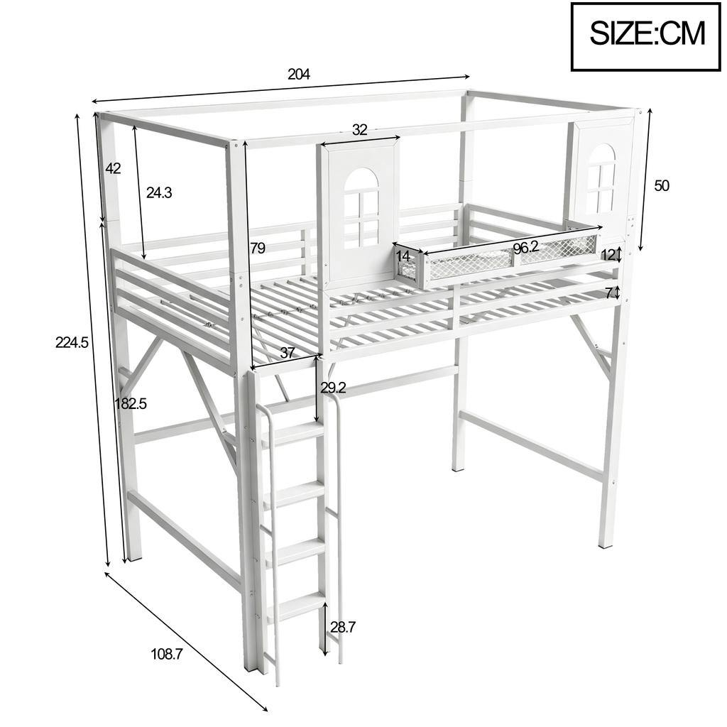 Litera Alta Infantil 90 x 200 cm con Diseño de Tejado, Litera Metálica con Escalera de Seguridad, Compartimento de Almacenamiento, Multifuncional, para Habitaciones Juveniles Blanco
