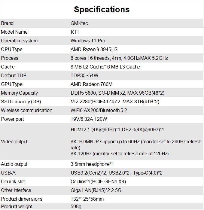 GMKtec K11 Nucbox AMD R9 8945HS Mini PC DDR5 5600MHz SSD PCIe4.0 Win11 Pro Displej pro čtyři monitory OCulink Stolní herní počítač