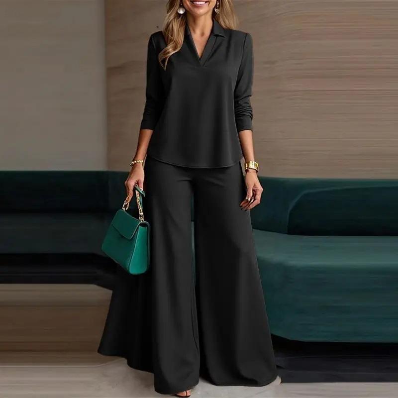 2026 Fashion Women's Two-Piece Pants Simple V-Neck Long Sleeve Top and Wide Leg Pants - Women's Business Wear