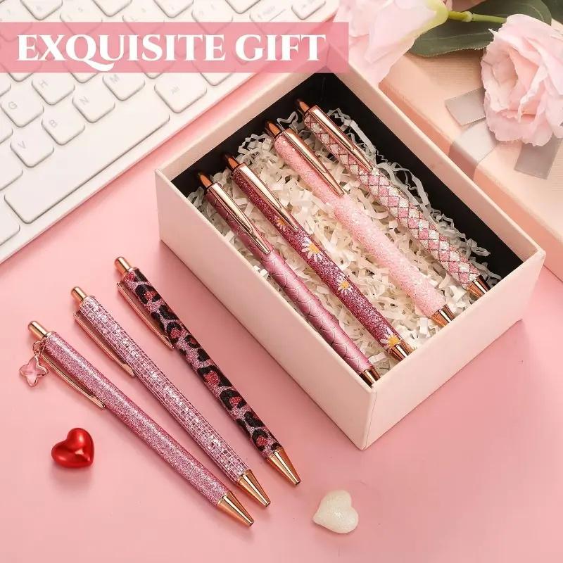 6pcs Ballpoint Pens Set Metal Crystal Diamond Pen for Journaling Glitter Stationery Fancy Gifts for Teacher Graduation Supplies