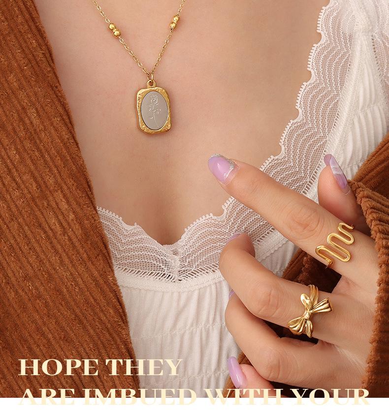 French Retro Rose Flower Necklace with Geometric Bead Chain, 18K Gold-Plated Titanium Steel