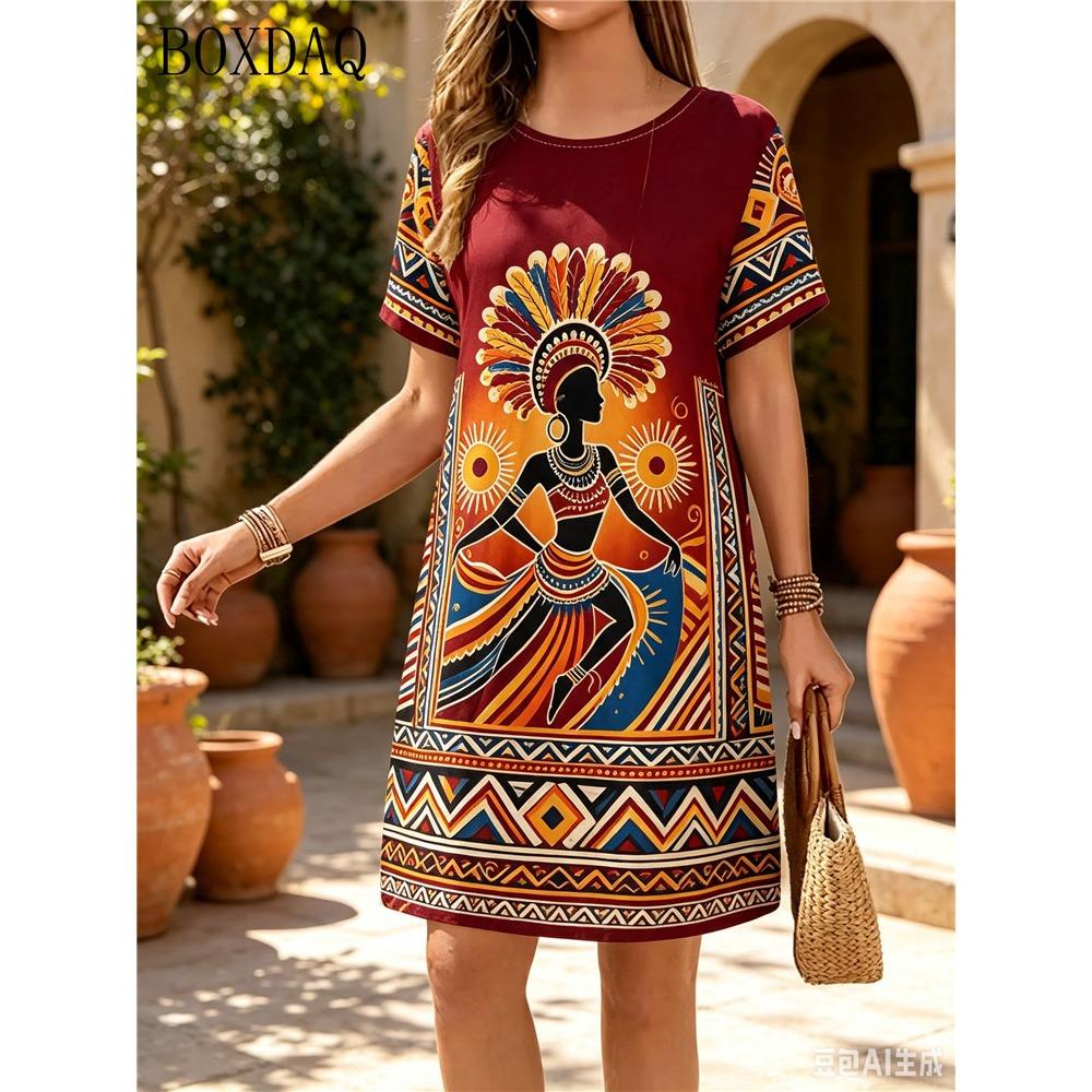 Summer Women's Casual Dress Short Sleeved Round Neck Ethnic Style Printed Loose Dress