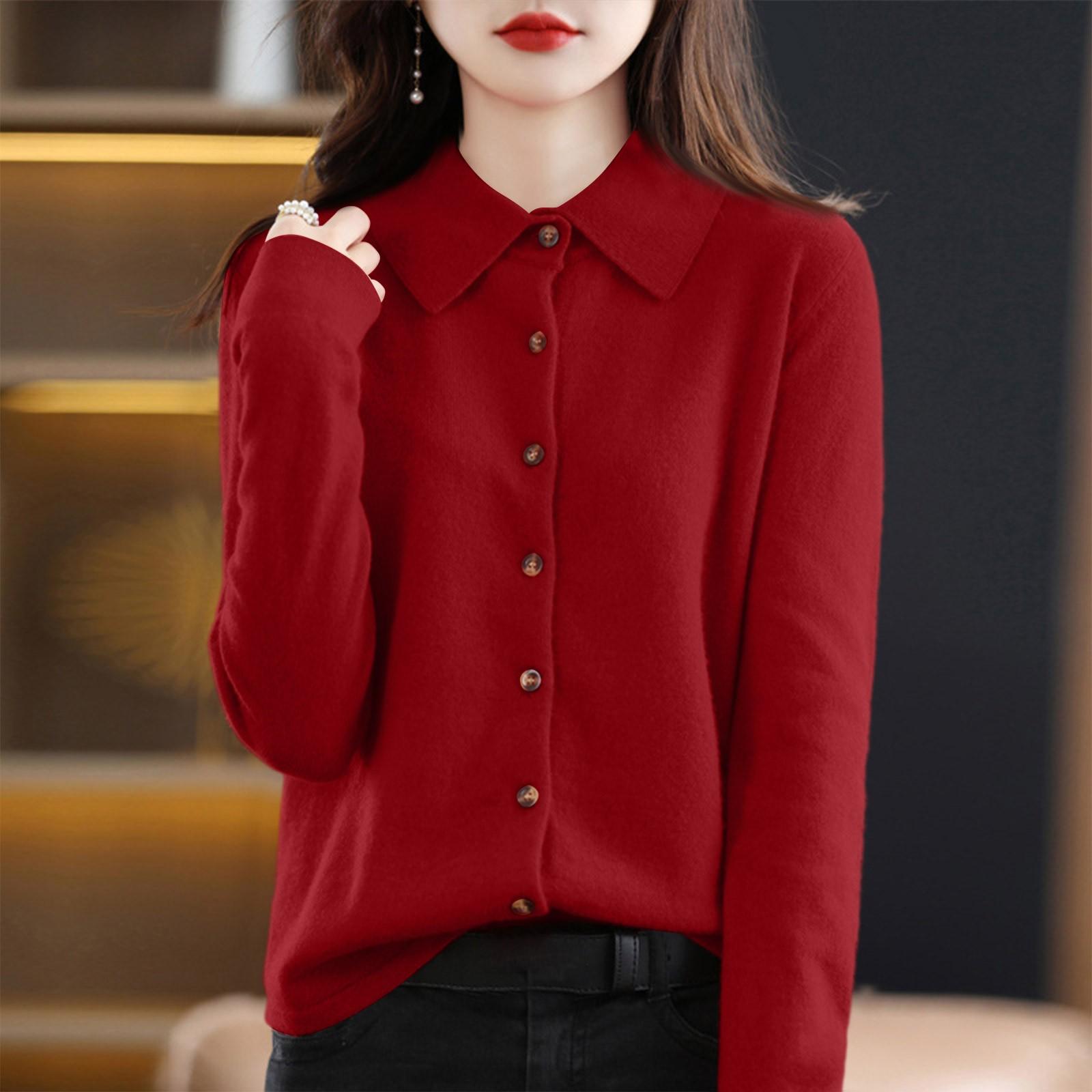 

Женский модный повседневный кардиган однотонного цвета свободного кроя с длинными рукавами и отложным воротником M винный