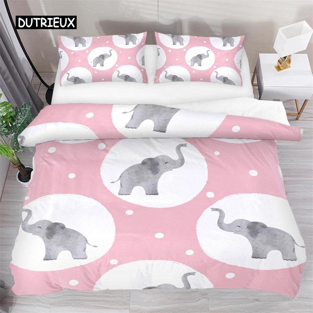 Kids Cartoon Elephant Duvet Cover Lovely Animal Theme Bedding Set Full For Girls Boys Kawaii Room Decor Microfiber Quilt Cover