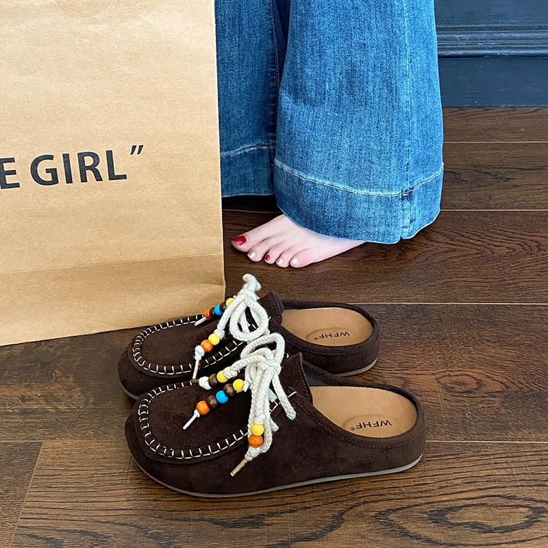 2025 New Fashion Casual Bag Head Half Drag Women Thick Bottom Outer Wear Explosion Lazy Niche Ethnic Style Lace-up Slippers